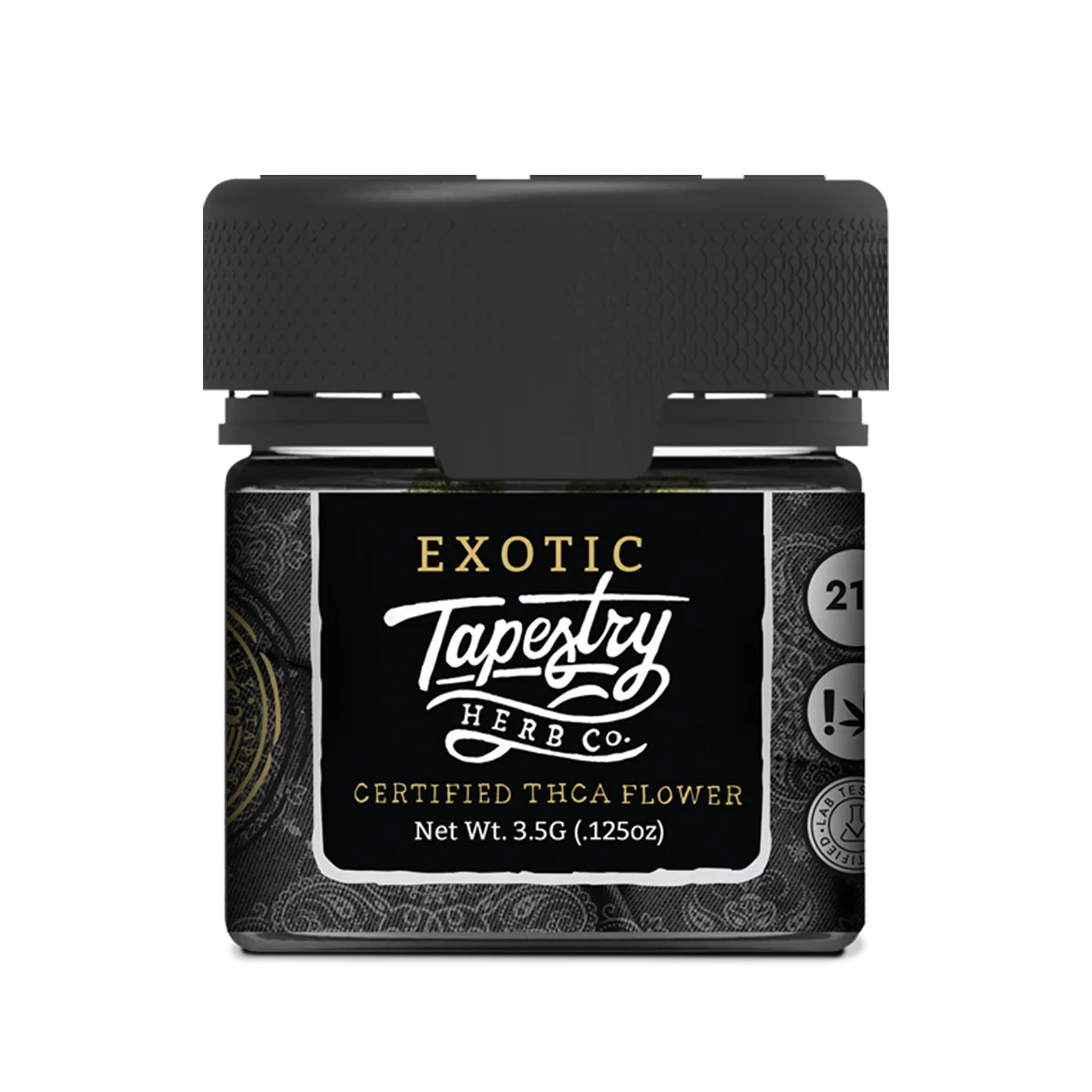 Exotic Tapestry Herb Co. black jar with textured lid containing certified THCA flower 3.5g