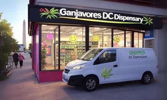 Ganjavores DC Dispensary storefront with illuminated sign and branded delivery van parked outside