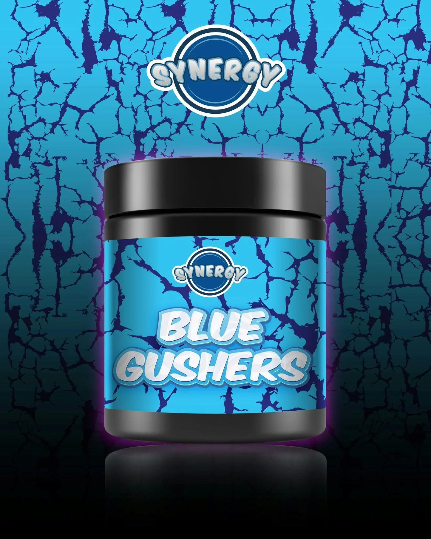 Synergy Blue Gushers container with blue cracked pattern and black lid on reflective surface