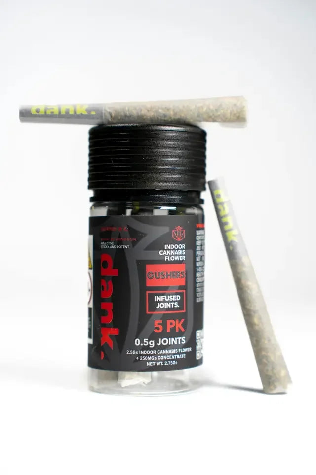 Dank Gushers 5-pack infused cannabis joints container with two pre-rolled joints
