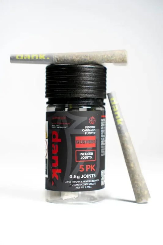 Dank Gushers 5-pack infused cannabis joints container with two pre-rolled joints