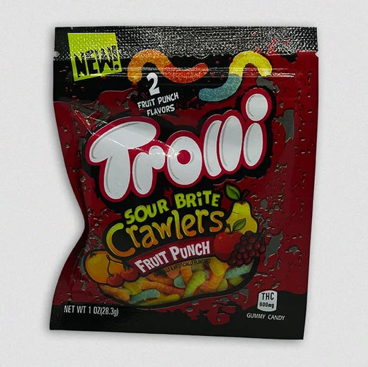 Trolli Sour Brite Crawlers Fruit Punch gummy candy package with 600mg THC, two fruit punch flavors