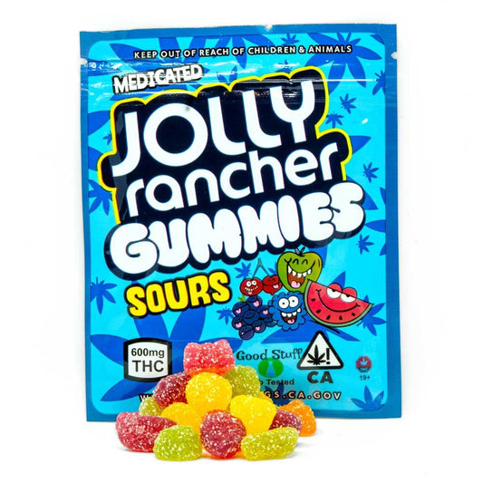 Blue bag of medicated Jolly Rancher Gummies Sours with colorful sugar-coated gummy candies