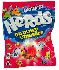 Medicated Nerds Gummy Clusters colorful candy bag with red, blue background and cartoon characters